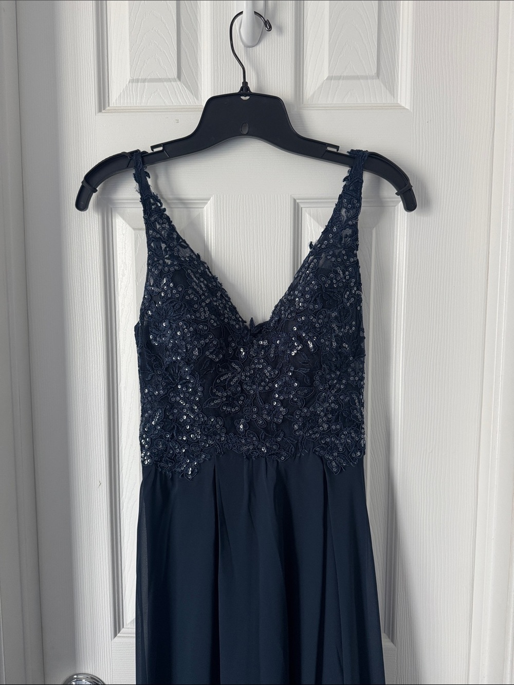 JJs House Navy Beaded V-Neck Prom Dress